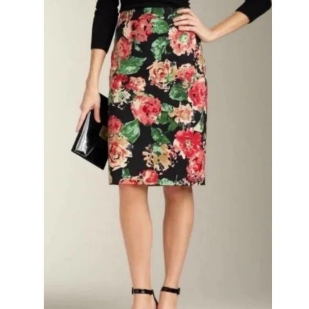 Talbots Black Floral Pencil Skirt with Red and Green Accents